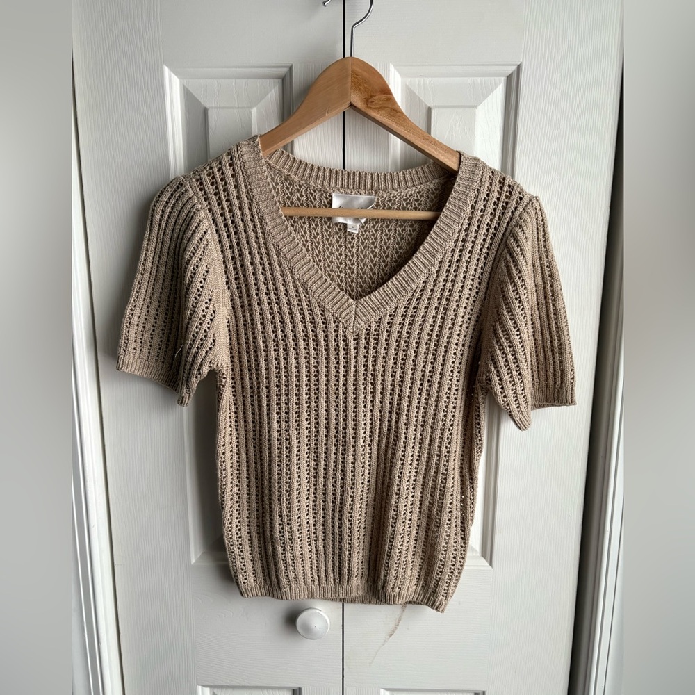 Line and Dot Womens Short Sleeve Beige Knit Pullover Sweater Size Small